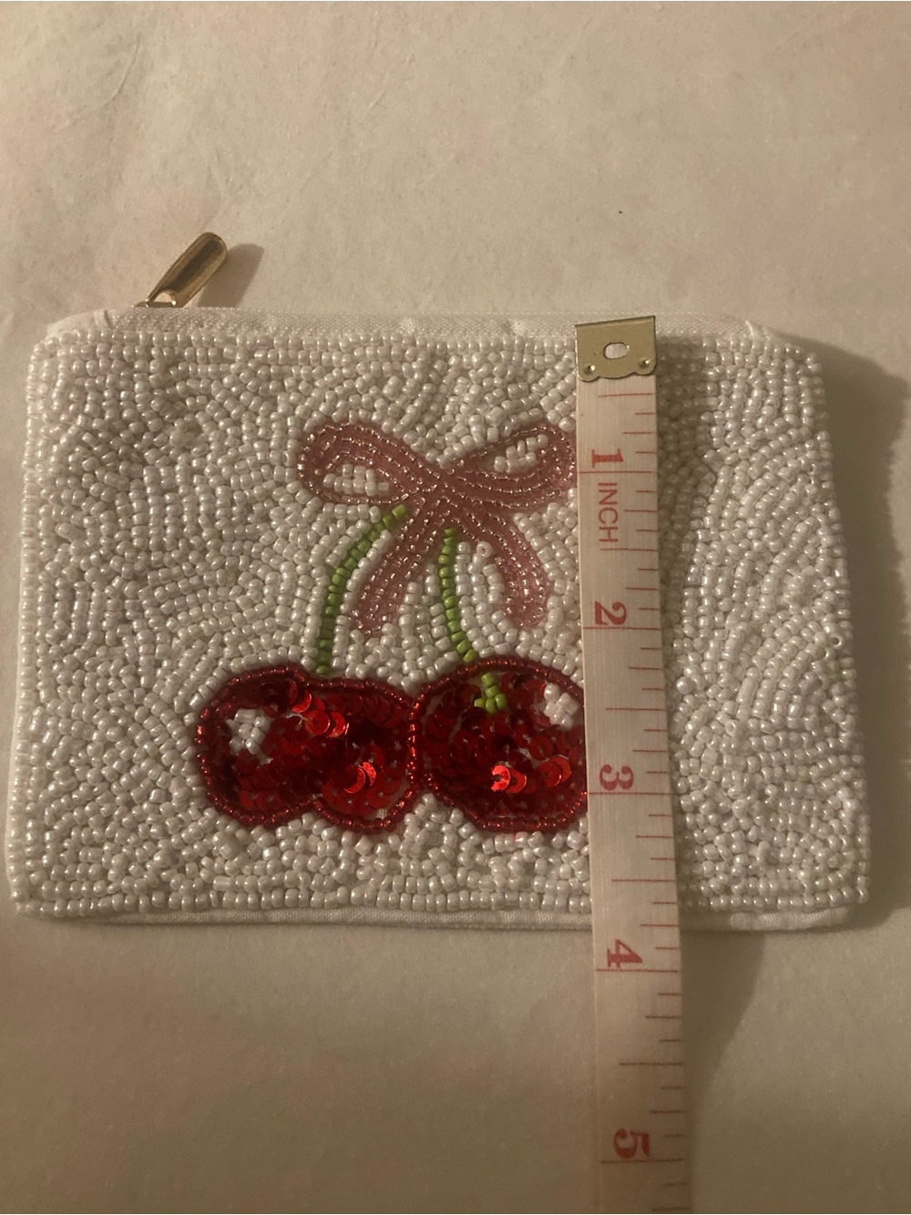Beaded Cherry Coin Purse - Seed Bead Pair of Cherries with Pink Bow - Picture 2 of 10